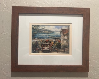 Brunet “The Streetcar” Art San Francisco 1980s Print Double Matted and Framed