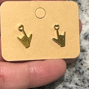 Gold coloured  sign language stud earrings I love you hand gesture and a heart