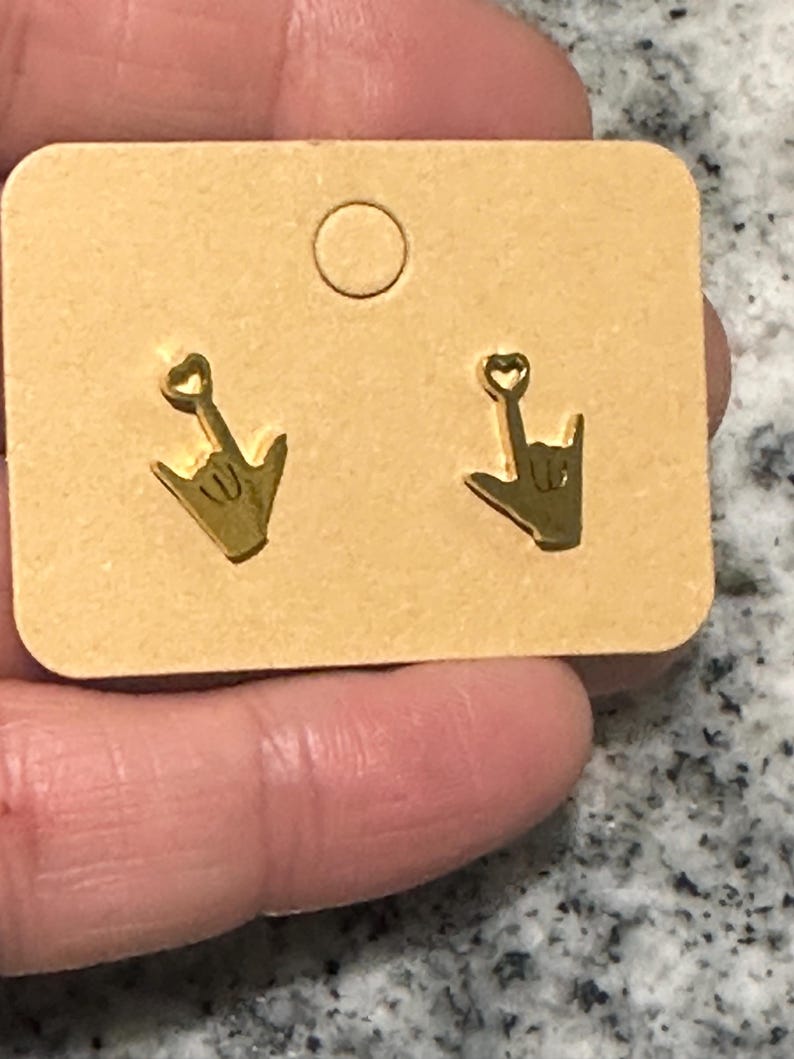 Gold coloured  sign language stud earrings I love you hand gesture and a heart