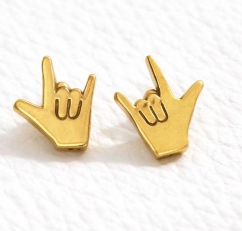 Gold coloured  sign language stud earrings I love you hand gesture