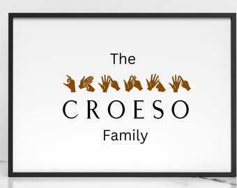 Può includere: Una stampa incorniciata con il testo The CROESO Family in carattere nero. Sopra la parola CROESO ci sono sei forme di mani marroni che rappresentano lettere della lingua dei segni. Il design è centrato su sfondo bianco in una cornice nera.