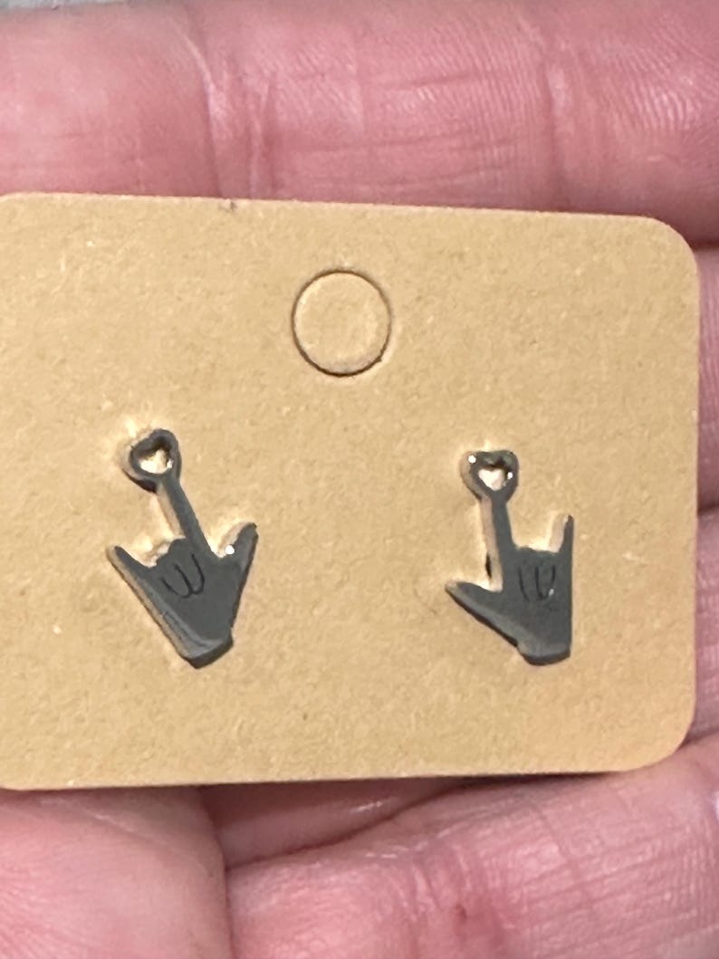 Silver sign language stud earrings I love you hand gesture and a heart