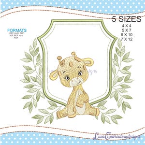 May include: Embroidered design of a cute giraffe sitting in a green leafy frame. The design is available in 5 sizes: 4x4, 5x7, 6x10, 7x12 inches. The design is available in the following formats: DST, HUS, EXP, JEF, PES, VP3.