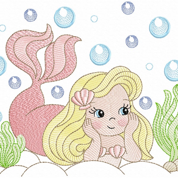 Cute Mermaid Embroidery Designs. Mermaid Girl embroidery designs, Rippled Mermaid embroidery, instant download.