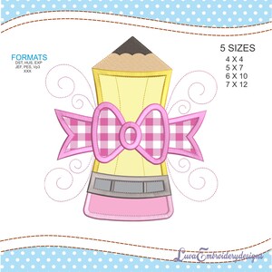 Bleistift mit Schleife Applikation Stickmuster: Back To School (Digitale Datei)