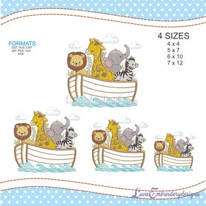 May include: An embroidered design featuring a boat filled with cartoon animals: a lion, giraffe, elephant, and zebra. The design is available in four sizes: 4x4, 5x7, 6x10, and 7x12 inches. The image includes the text "FORMATS" and "4 SIZES".