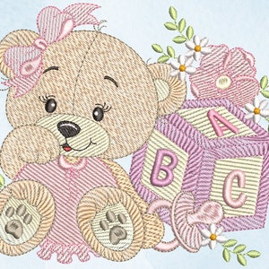 Girly Baby Bear Embroidery Design: Light Fill Stitch (Instant Download)