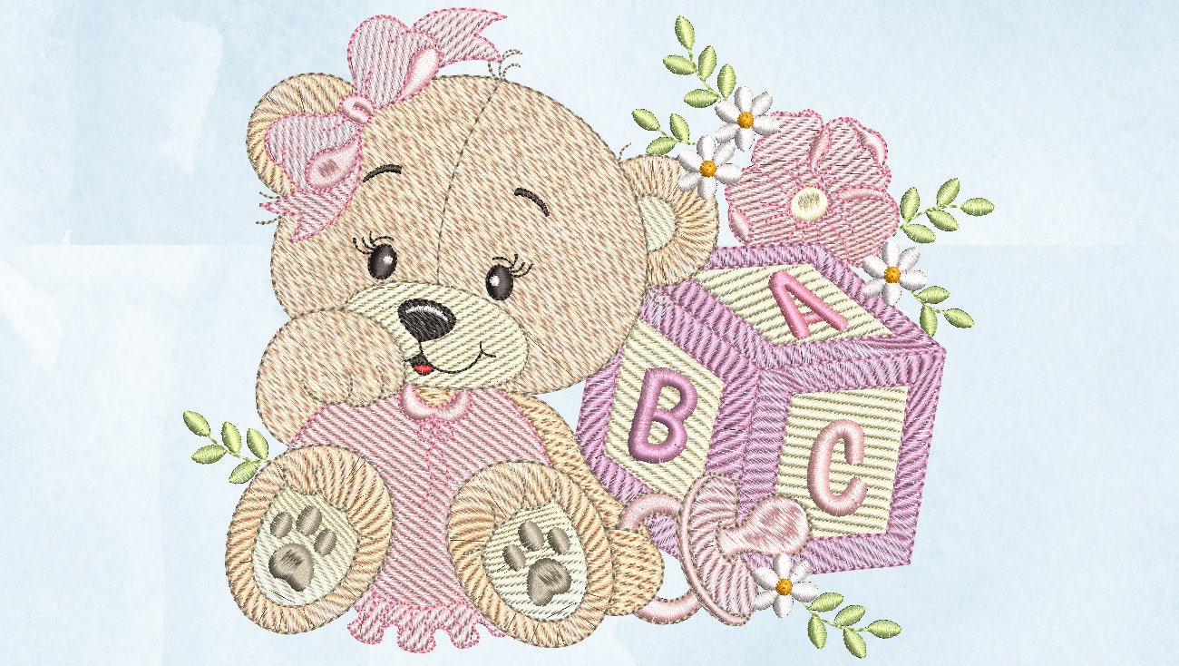 Girly Baby Bear Embroidery Design: Light Fill Stitch (Instant Download)