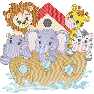 May include: A brown wooden ark with a red birdhouse on top.  A purple hippopotamus, a gray elephant, a yellow giraffe, and a black and white zebra are all peeking over the edge of the ark.  The ark is floating on blue water.
