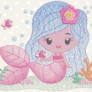 Cute Mermaid Embroidery Designs. Mermaid Girl embroidery designs, Rippled Mermaid embroidery, instant download.