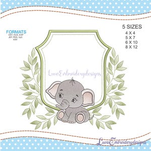 May include: Embroidered design of a cute gray elephant sitting in a green leafy frame with a blank white shield-shaped frame. The design is available in five sizes: 4x4, 5x7, 6x10, and 8x12 inches.