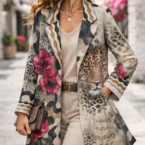 Boho Duster Jacket – Animal & Mystic Print, Oversize Long Lightweight Coat, Art Graphic Statement Piece