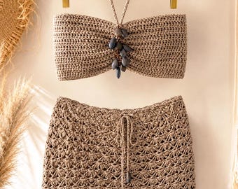 Handgemaakte gehaakte strandset – katoenen garen gebreide top en minirok – boho zomeroutfit – festivalstrandkleding – resortkledingset – handgemaakt breiwerk