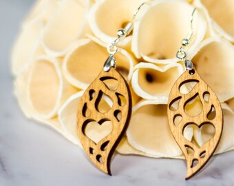 Handmade Wooden Heart Dangle Earrings, Sterling Silver Hooks