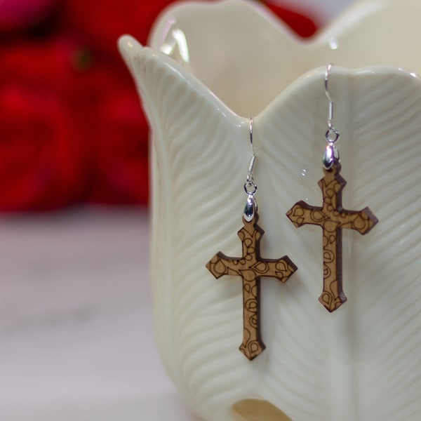Ornate Engraved Cross Wood Earrings, Spring Statement Earrings, Boho Wooden Cross Earrings, Christian Earrings, Faith Earrings Baptism Gift
