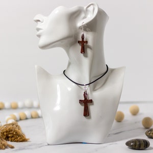 Handcrafted Wooden Cross Jewelry Set: Stained Wood, Sterling Silver Earrings