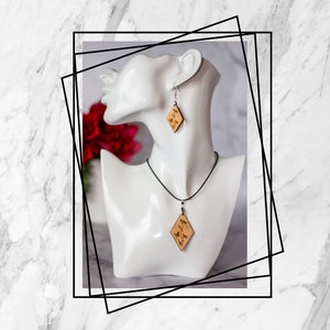 Floral Wooden Jewelry Set: Sterling Silver Earrings, Lightweight Pendant