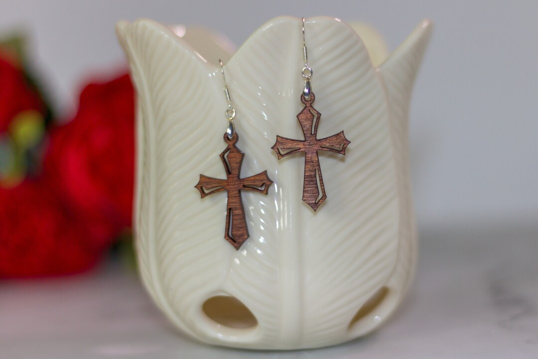 Religious Earrings for Wife Gift, Natural Wood Cross Earrings, Jesus