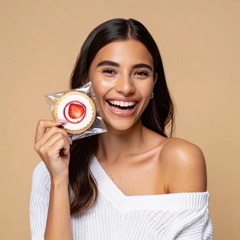 May include: A woman smiles while holding a cookie decorated with a strawberry in a clear plastic bag.