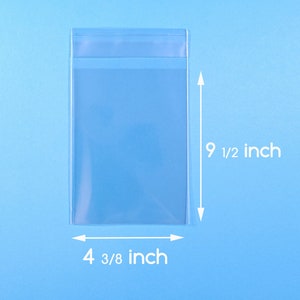 May include: Clear plastic bag with a self-adhesive closure. The bag measures 4 3/8 inches wide and 9 1/2 inches tall.
