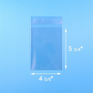 May include: Clear plastic bag with a self-adhesive closure. The bag measures 4 5/8 inches wide by 5 3/4 inches tall.