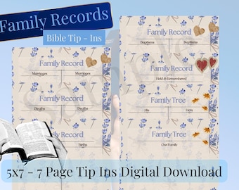 Páginas imprimibles para registro familiar y diario bíblico / Árbol genealógico para matrimonio, bautismo y memorial / Kit de genealogía floral azul / Insertos de 5x7
