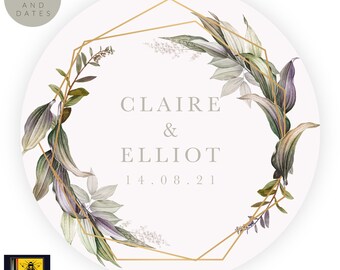 Botanical Greenery Wedding Classic Round Sticker gold hexagon design waterproof PVC