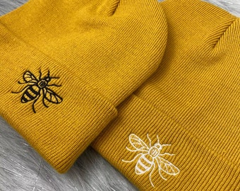 Manchester Bee Mustard Embroidered Beanie Hat Unisex