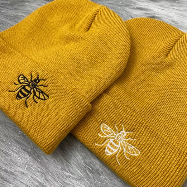 Manchester Bee Mustard Embroidered Beanie Hat Unisex