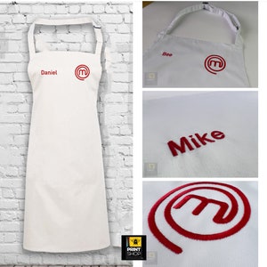 Personalisierte bestickte Masterchef-Schürze kundenspezifischer Name mit MasterChef-Logo auf der Schürze und 4 Farbwahlnamen Bild 1