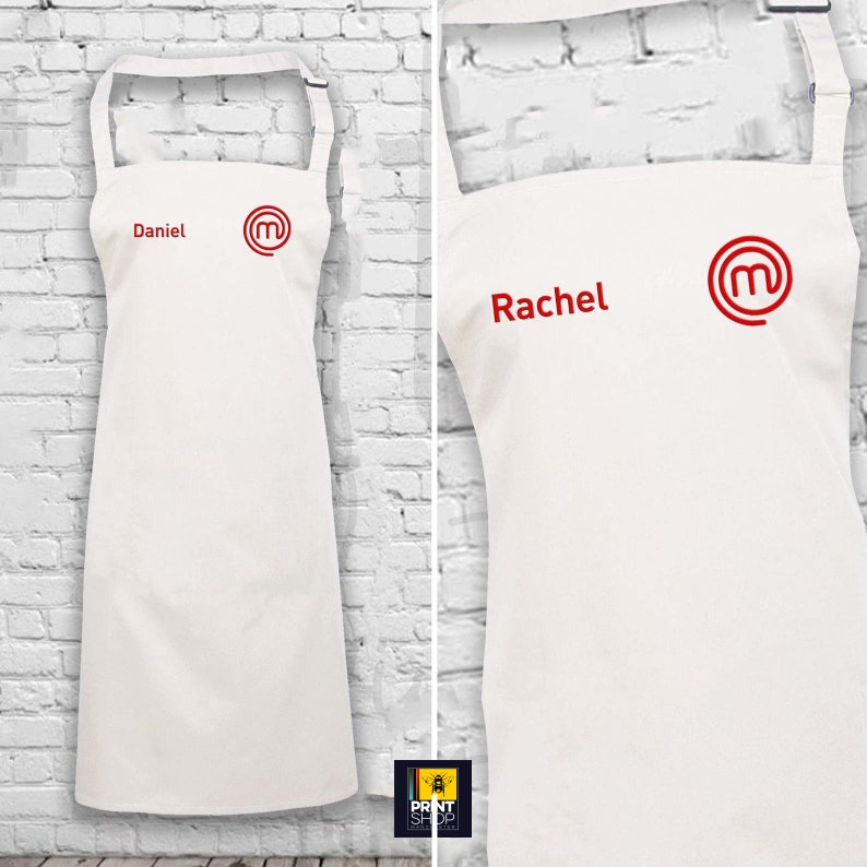 Personalisierte bestickte Masterchef-Schürze kundenspezifischer Name mit MasterChef-Logo auf der Schürze und 4 Farbwahlnamen Bild 3