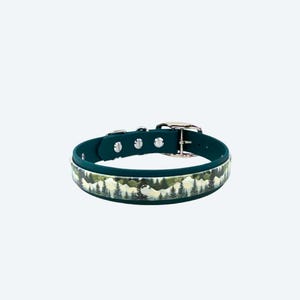 May include: A teal dog collar with a silver buckle and rivets. The collar features a landscape design with trees and mountains in shades of green, white, and gray. The collar is made of a flexible material.