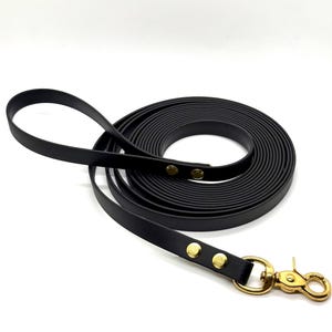 May include: A black leather dog leash with a gold-colored clasp and rivets. The leash is coiled and has a loop handle. The hardware is gold-toned, and the leather appears to be smooth.