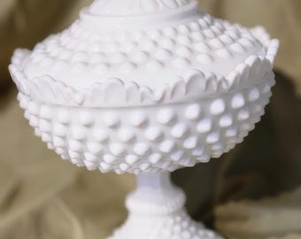 Vintage Fenton Milk Glass Hob Nail Candy Dish with Lid