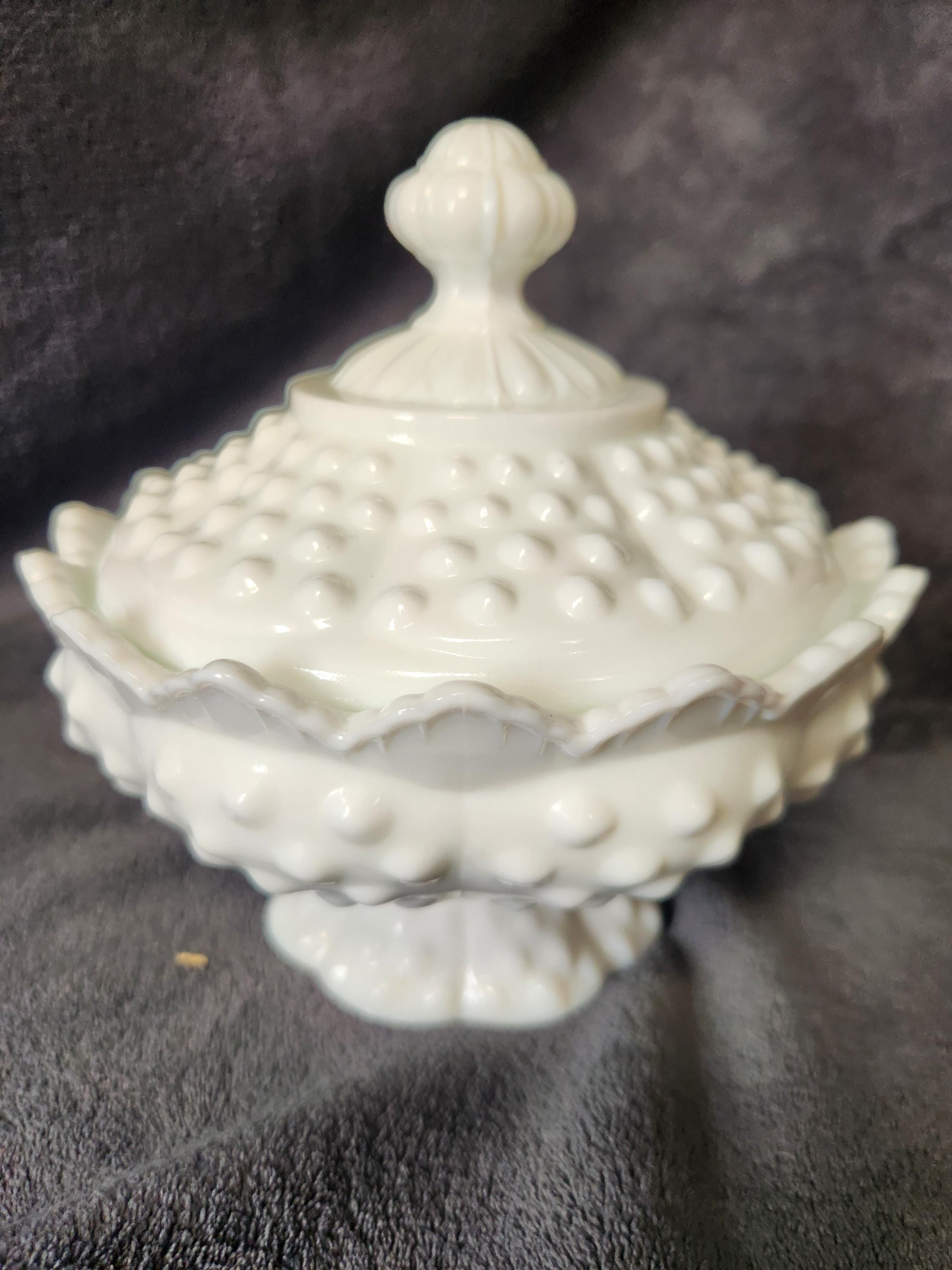 Vintage Fenton Milk Glass Hobnail Covered Candy Dish