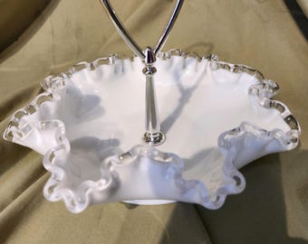 Vintage Fenton Milk Glass Silver Crest Ruffled Edge Handled Candy Dish