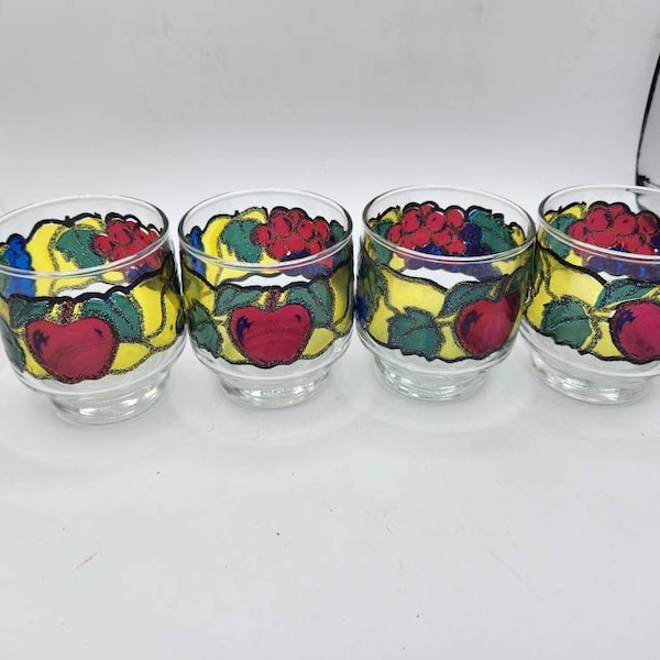 Vintage Libbey Fruit Stained Glass Juice Glasses Apples Grapes 8 Oz