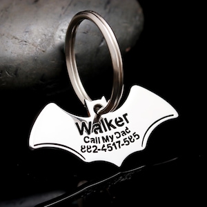 Personalized Bat Dog Tag: Carved Stainless Steel Pet ID