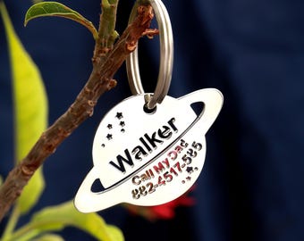 Aangepast Saturn-identificatielabel voor honden: gegraveerd roestvrijstalen halsbandlabel