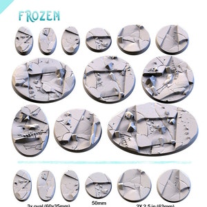 Puede incluir: Un conjunto de 12 bases de resina blanca para miniaturas de juegos de mesa. Las bases son de varias formas y tamaños, incluyendo redondas, ovaladas y cuadradas. Las bases están diseñadas para representar un terreno helado y glacial con una superficie agrietada y rota.