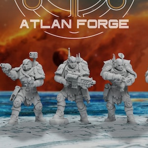 May include: Five grey miniature figurines of futuristic soldiers, each armed with a weapon. The figures are in a battle-ready stance, with detailed armour and helmets. The background features a fiery sky and the text "ATLAN FORGE".