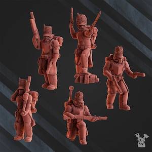 May include: Five miniature figures of soldiers wearing red and black uniforms with hats and holding rifles. The figures are made of a light brown plastic and are posed in various action stances.