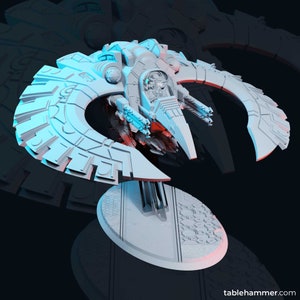 May include: A white 3D printed model of a spaceship with a large, curved wing on each side. The spaceship is sitting on a round base with a textured surface. The model is painted in a light gray color.