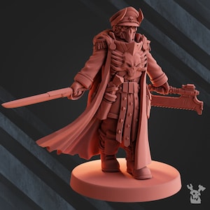 May include: A red plastic miniature figurine of a soldier wearing a skull-emblazoned chest plate, a long coat, and a military cap. The soldier is holding a sword in one hand and a chain saw in the other.