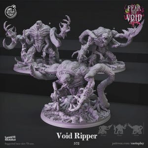 May include: Three light purple, multi-limbed monster figurines labelled Void Ripper 572. Each creature features sharp claws, textured skin, and a wide, toothy maw. The figures stand on circular bases with a cracked ground pattern, with a 75 mm base size.
