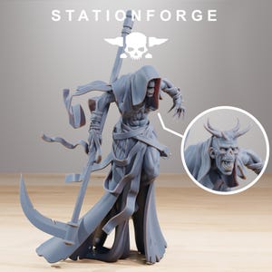 May include: A gray 3D printed miniature of a skeletal figure with a scythe, wearing a hooded robe and tattered clothing. The figure has horns and a menacing expression. The miniature is part of a tabletop game or role-playing game.