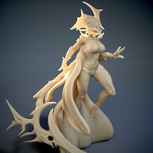 May include: A beige figurine of a female warrior in futuristic armor. The figure has a helmet with sharp protrusions, a flowing cape, and is posed dynamically. The base has a stylized, organic design.