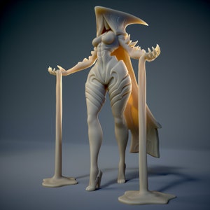 May include: A white, detailed, female figurine with a flowing cape and a hood. The figurine is standing on two long, thin, white, dripping supports.