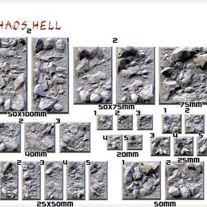 May include: A set of 10 different sized textured tiles for use in tabletop gaming. The tiles are made of a gray material and feature a rocky, chaotic design. The tiles are labeled with their dimensions in millimeters. The tiles are labeled with the text "Chaos Hell".