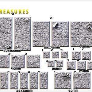 May include: A set of 10 different sized square tiles with a textured surface, perfect for tabletop gaming. The tiles are labeled with their dimensions in millimeters, including 25x50mm, 40mm, 50mm, 50x75mm, 75mm, and 50x100mm.